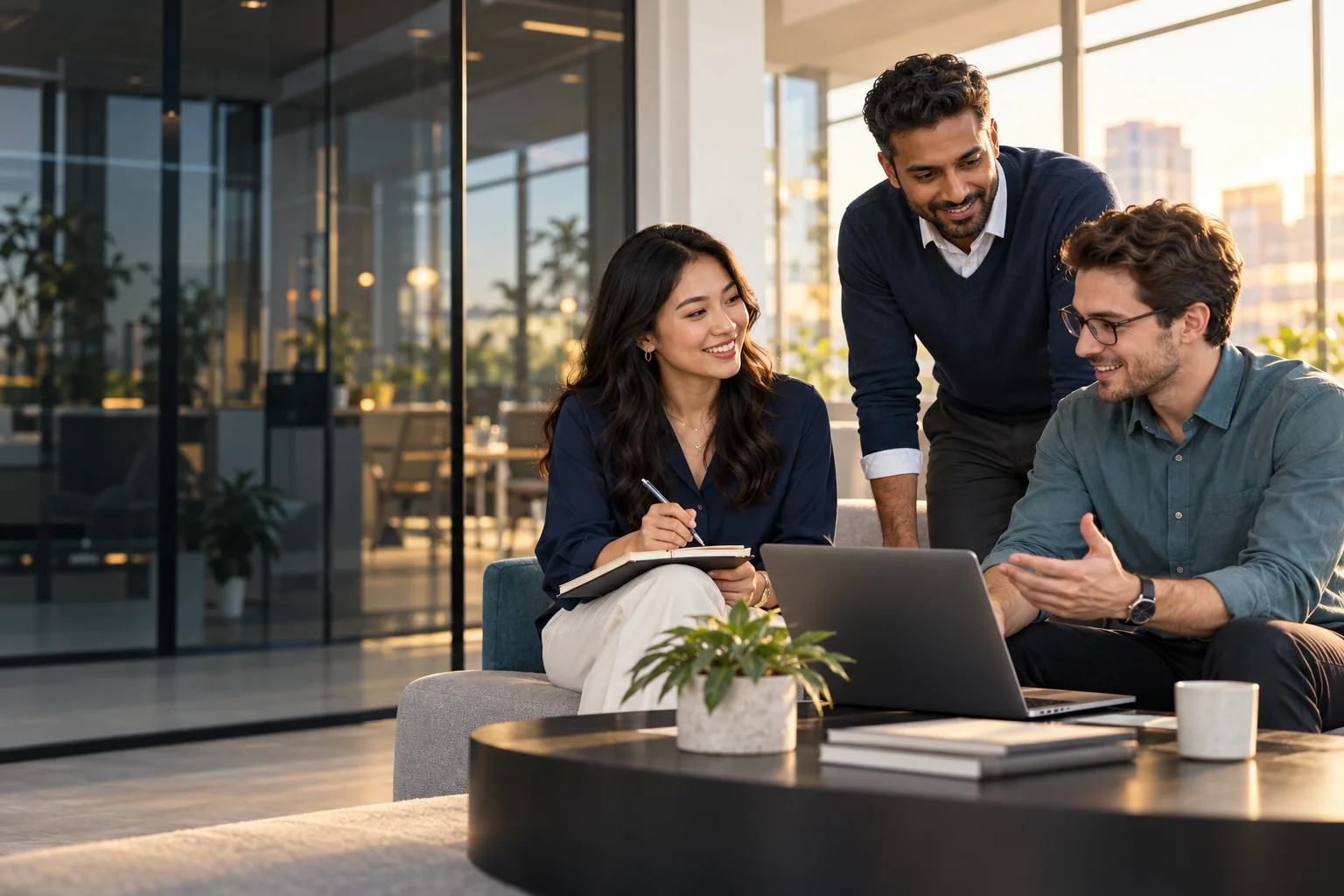 Technology consultants working together around a laptop in a bright office