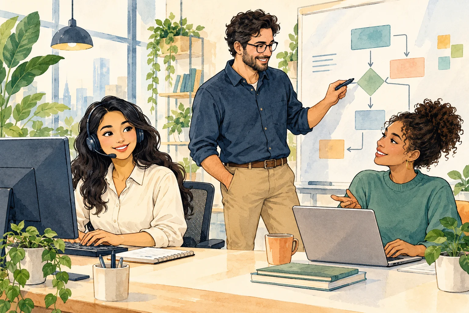 Editorial illustration of an operations team collaborating across support, technology, and process planning