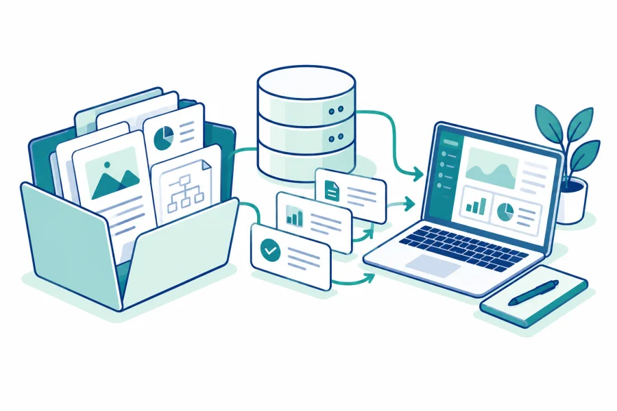 Organized business documents and data connected to a working laptop