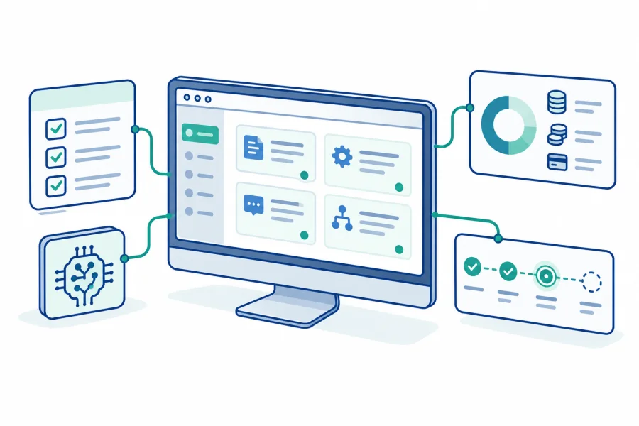 Business application connected to a test checklist and usage monitoring